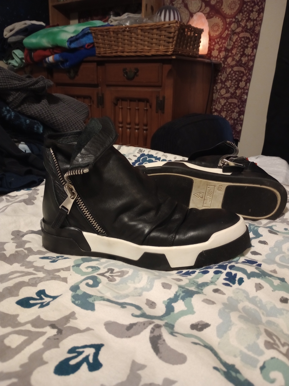 Black Leather Wedge Sneaker with Side Zip